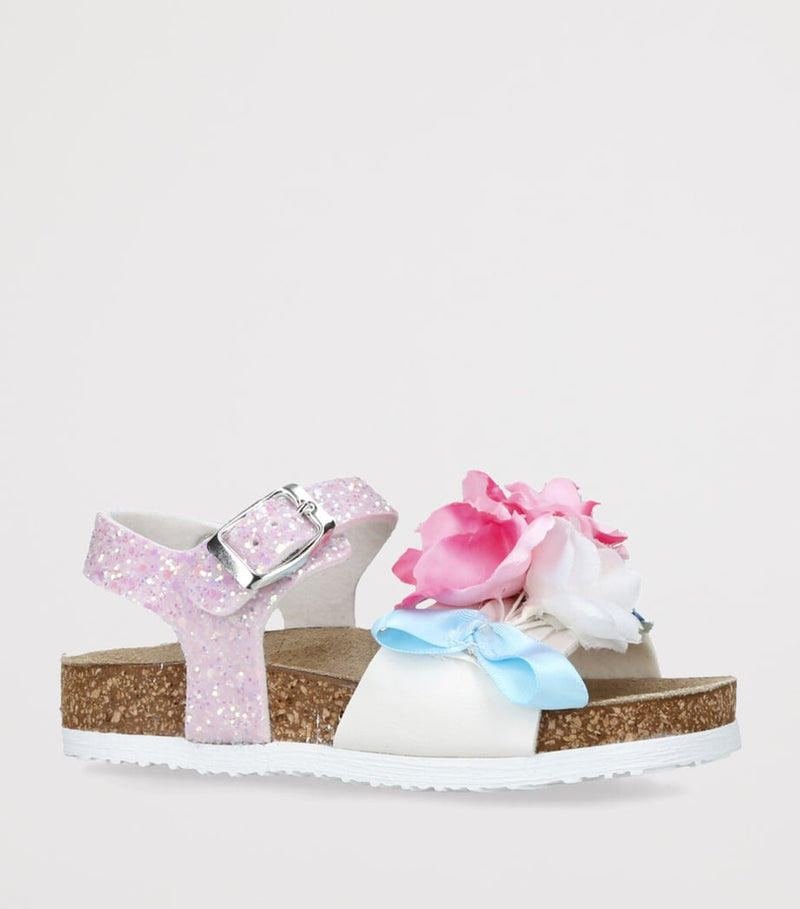 Monnalisa floral appliqué sandals for children with cork sole, imported from the UK