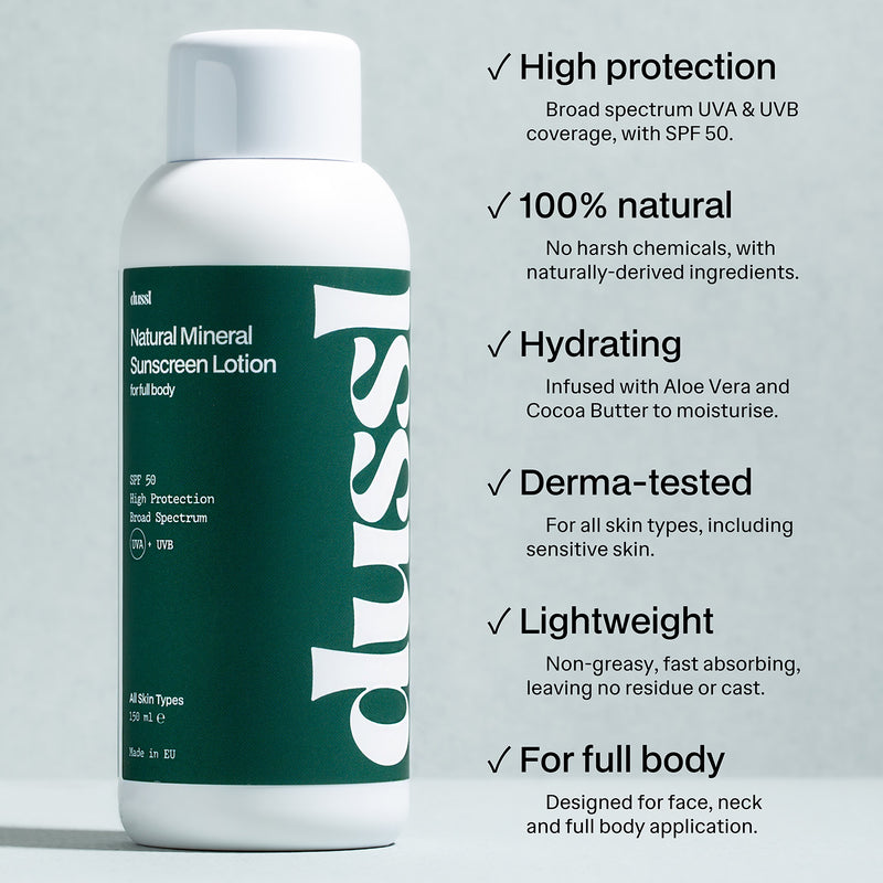 dussl natural mineral sunscreen SPF 50 150ml, imported from the UK