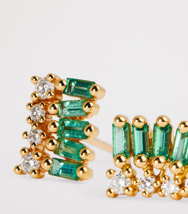 Suzanne Kalan emerald and diamond stud earrings in yellow gold, UK version