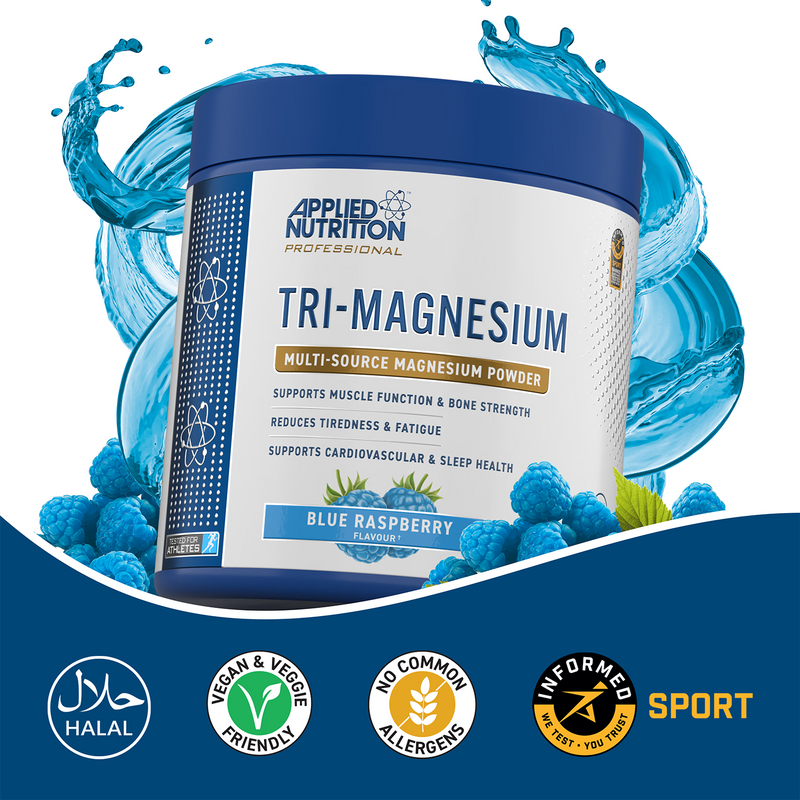 Applied Nutrition Tri-Magnesium Powder Blue Raspberry 200g, imported from the UK
