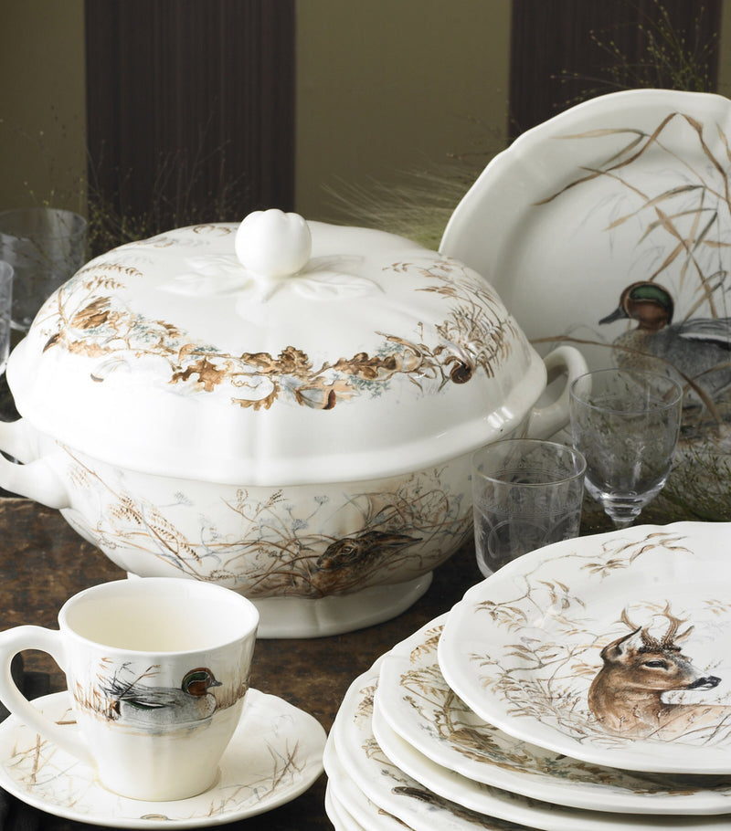 Gien teacup and saucer set with mallard duck graphic print, 175ml, set of 2, UK version
