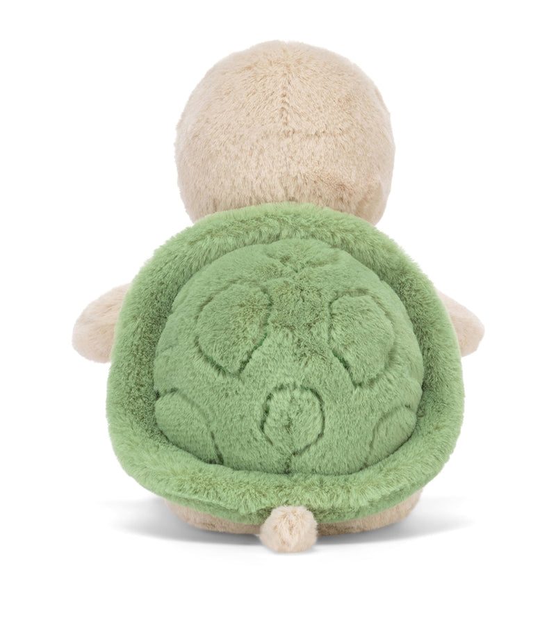 Jellycat soft plush turtle toy with beige fur and green shell, 10cm, UK version