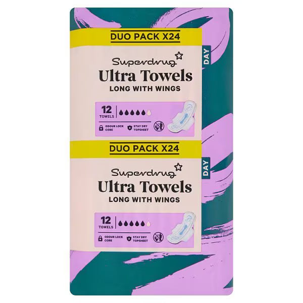 Superdrug sanitary towel wings pack of 24 (British brand)