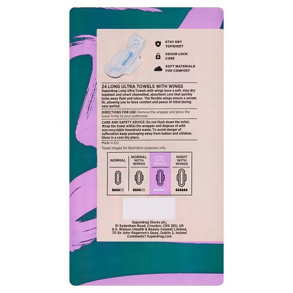 Superdrug sanitary towel wings pack of 24 (British brand)
