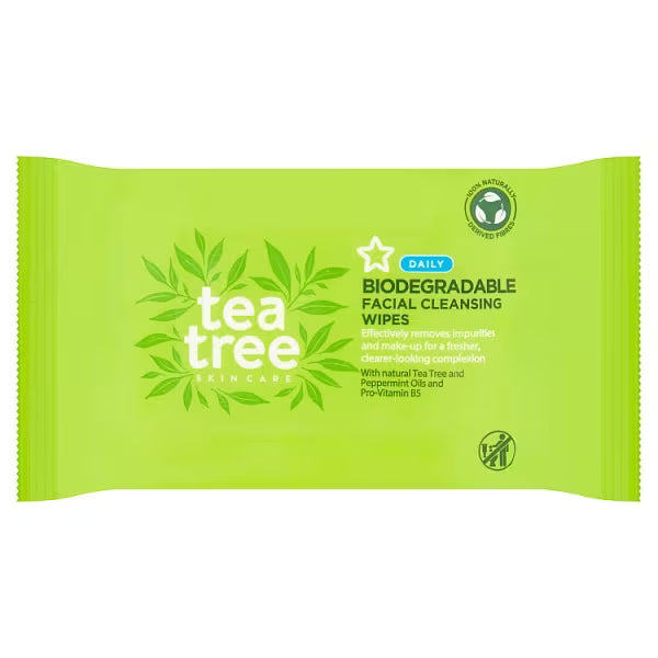 Tea Tree Biodegradable Wipes pack suitable for daily use (British brand)
