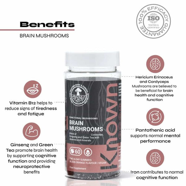 Known Nutrition brain supplement gummies with mushrooms 60 count, imported from the UK