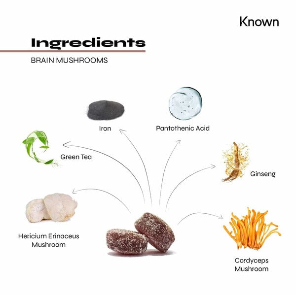 Known Nutrition brain supplement gummies with mushrooms 60 count, imported from the UK