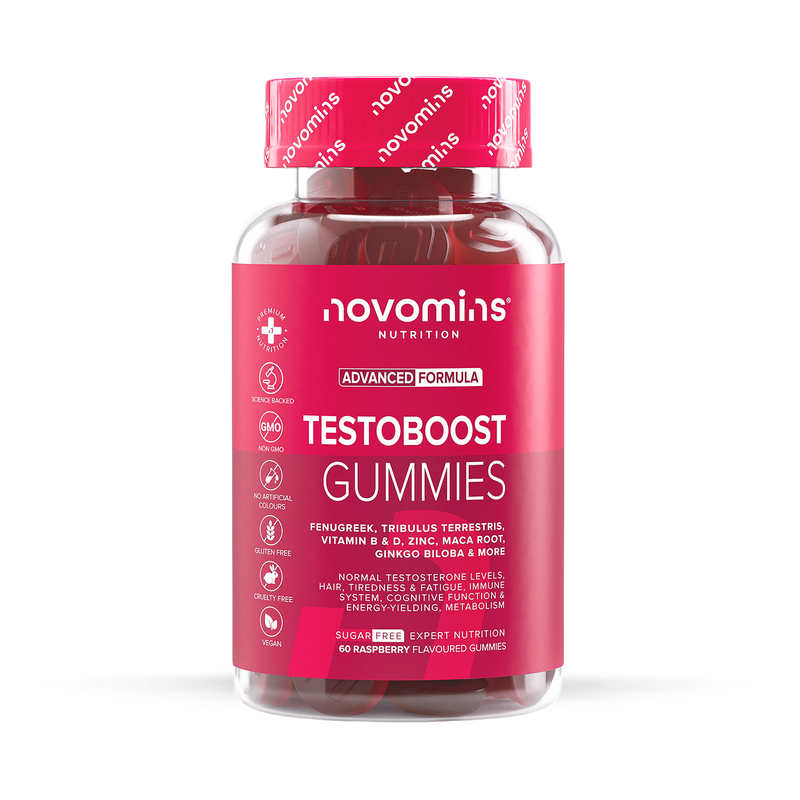 Novomins men's supplement gummies raspberry flavour 60 count, imported from the UK