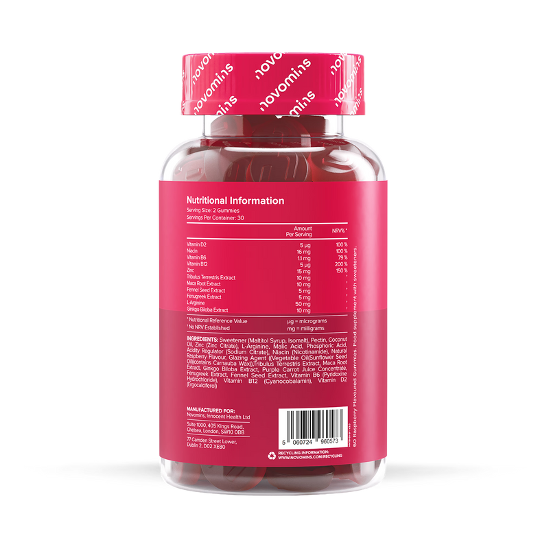 Novomins men's supplement gummies raspberry flavour 60 count, imported from the UK
