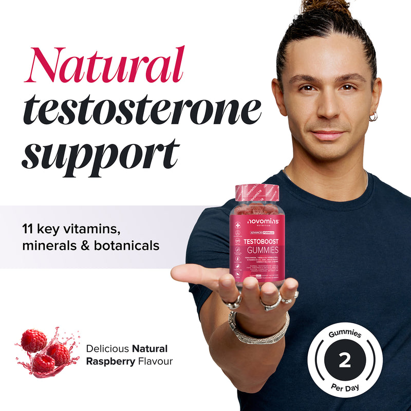 Novomins men's supplement gummies raspberry flavour 60 count, imported from the UK
