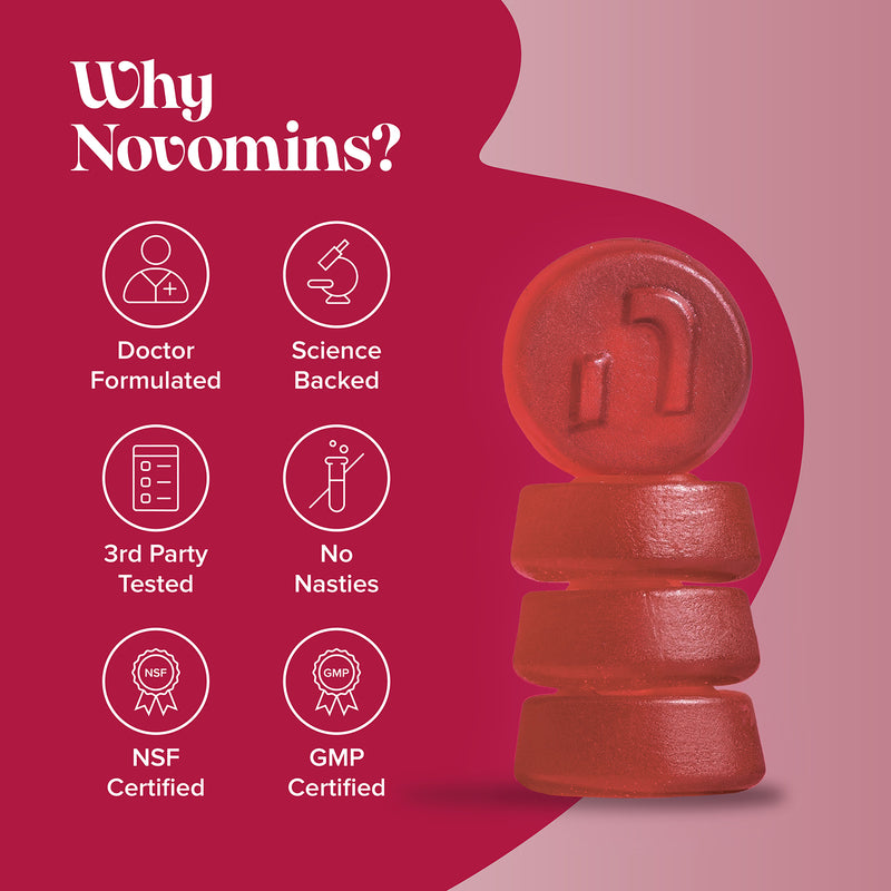 Novomins men's supplement gummies raspberry flavour 60 count, imported from the UK
