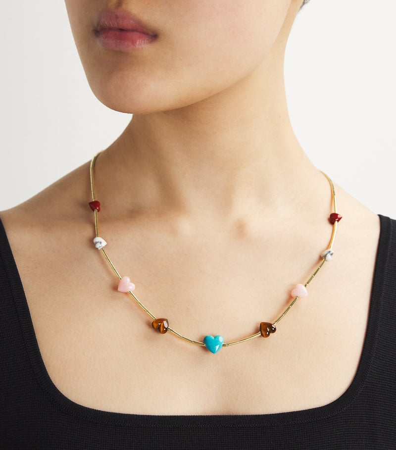 Emily P. Wheeler yellow gold necklace with gemstone hearts, imported from the UK