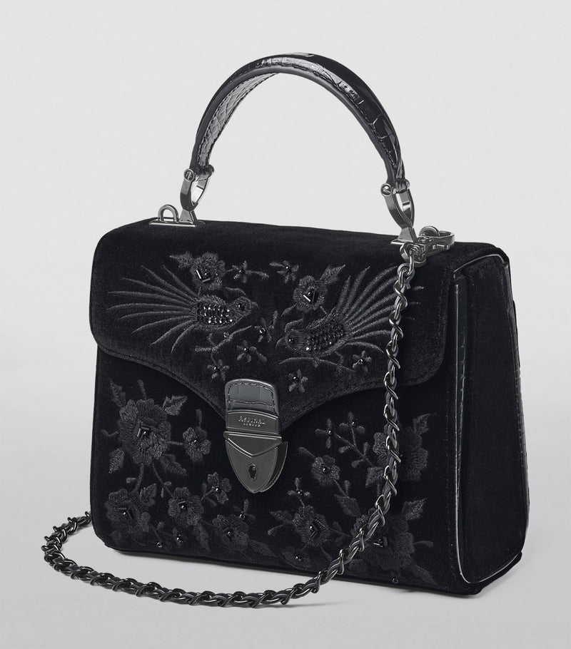 Aspinal of London Mayfair velvet embroidered top-handle bag (British brand)