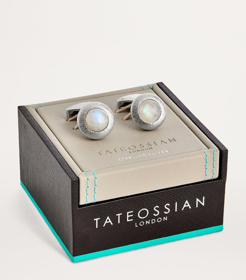 Tateossian rhodium-plated silver moonstone Graffiato cufflinks, imported from the UK