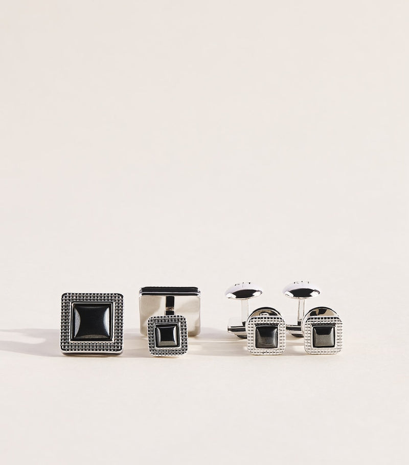 Tateossian palladium-plated cufflinks and studs set with hematite, imported from the UK