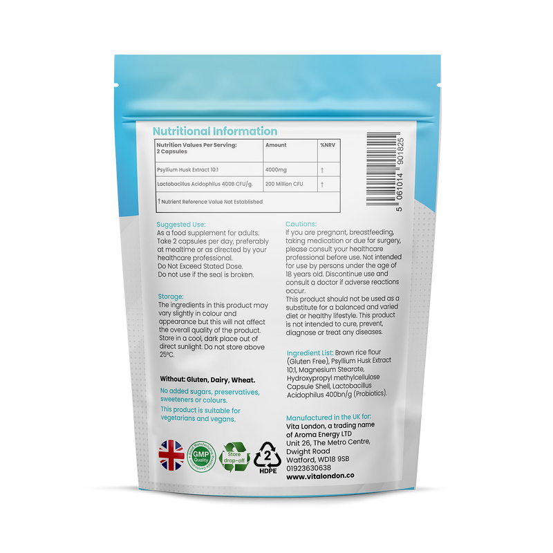 Vita London psyllium husk capsules high strength 4000mg probiotic 60 capsules - British product