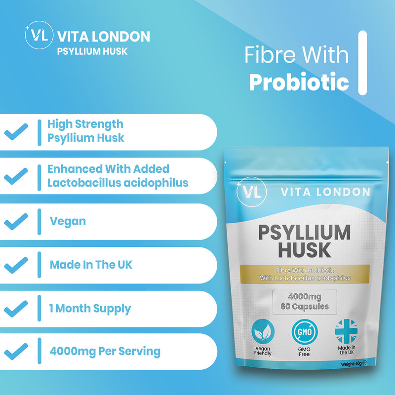 Vita London psyllium husk capsules high strength 4000mg probiotic 60 capsules - British product