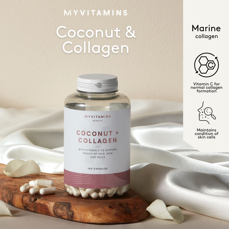 Myvitamins collagen capsules coconut 180 count, imported from the UK