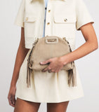 Maje Miss M mini suede shoulder bag with gold-tone hardware, UK version