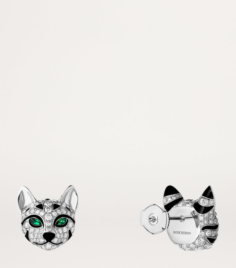Boucheron cat earrings white gold diamonds emeralds, imported from the UK