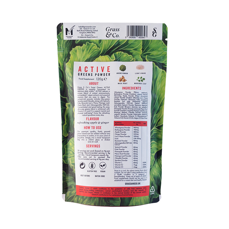 Grass & Co ACTIVE Super Greens Powder 120g, imported from the UK