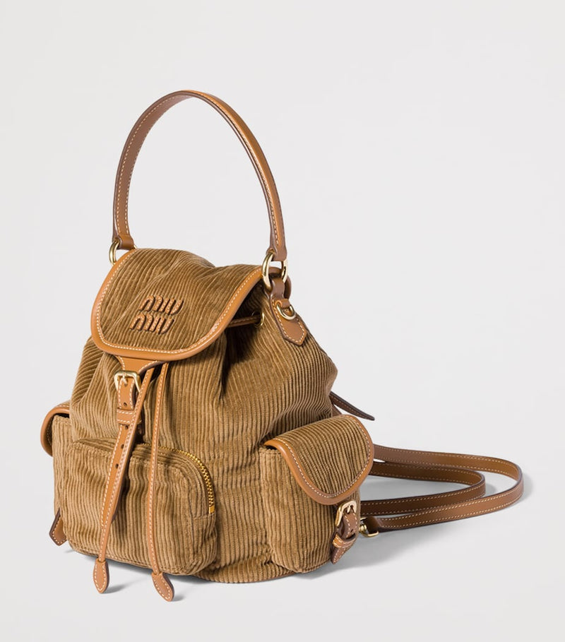 Miu Miu medium corduroy leather-trim backpack, imported from the UK