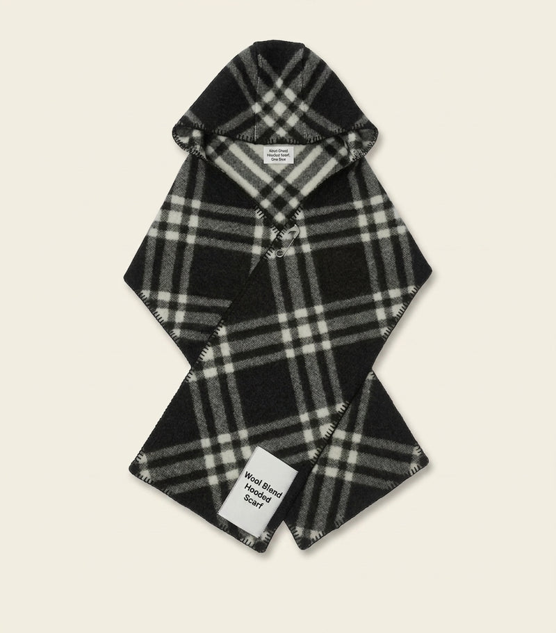 Burberry wool check hooded scarf with horse pin (British brand)