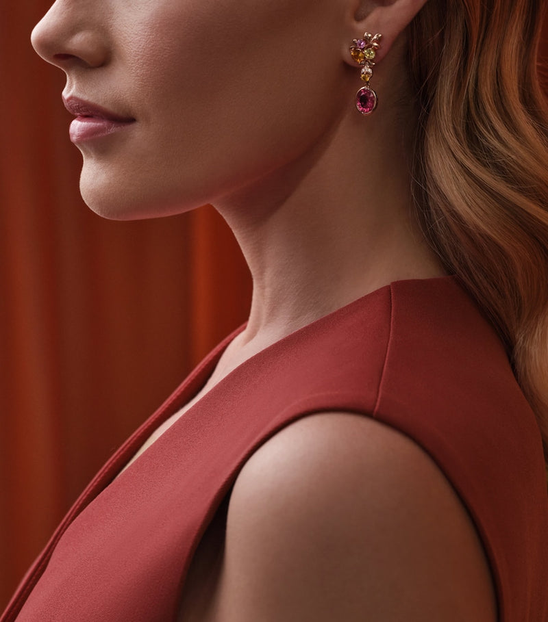 Boodles rose gold earrings with diamonds and tourmalines - British product