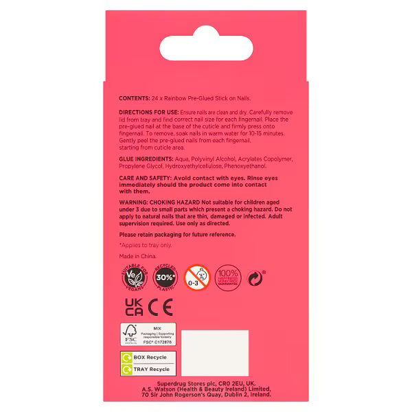 Ongles autocollants fantaisie arc-en-ciel 24 pièces - Produit britannique