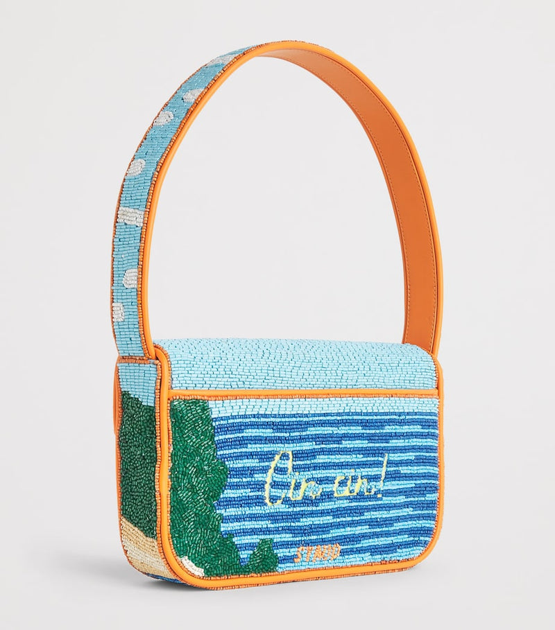 STAUD beaded Tommy shoulder bag with sunset spritz motif (British brand)