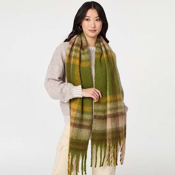 Izabel London checked print fringed oversized scarf, imported from the UK