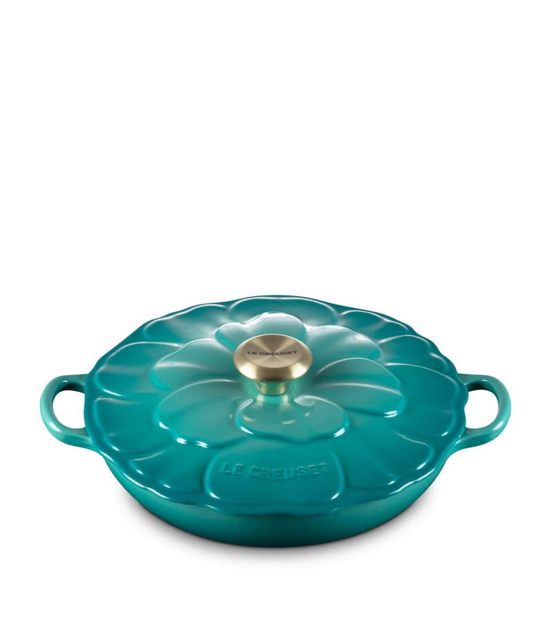 Le Creuset cast iron petal shallow casserole 26cm, imported from the UK