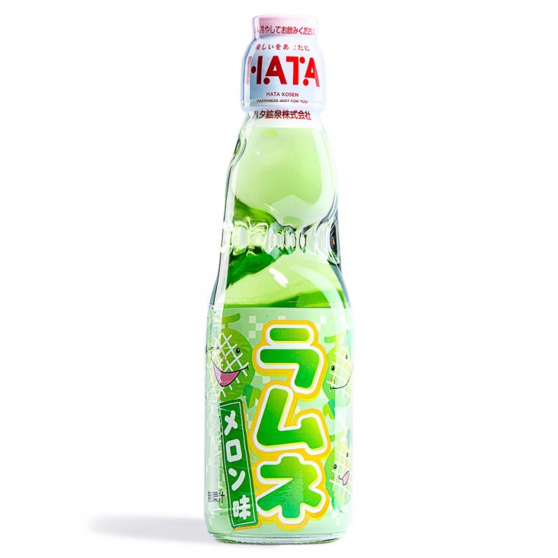 Hatakosen melon flavoured ramune soda bottle, (British brand)