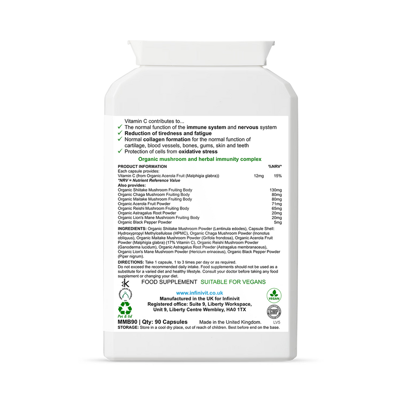 InfiniVit mushroom supplement Immuno Defence 90 capsules, imported from the UK