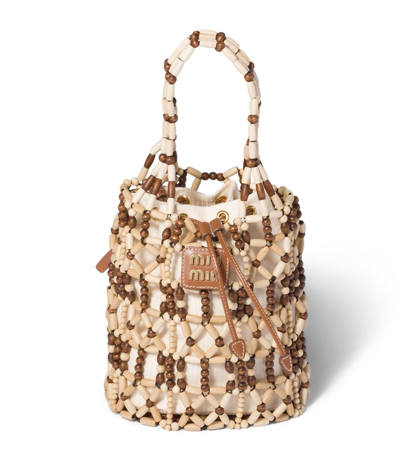 Miu Miu beaded mesh bucket bag with wood and calfskin, (British brand)