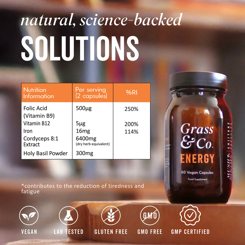Grass & Co ENERGY Cordyceps mushroom supplement 60 capsules, imported from the UK