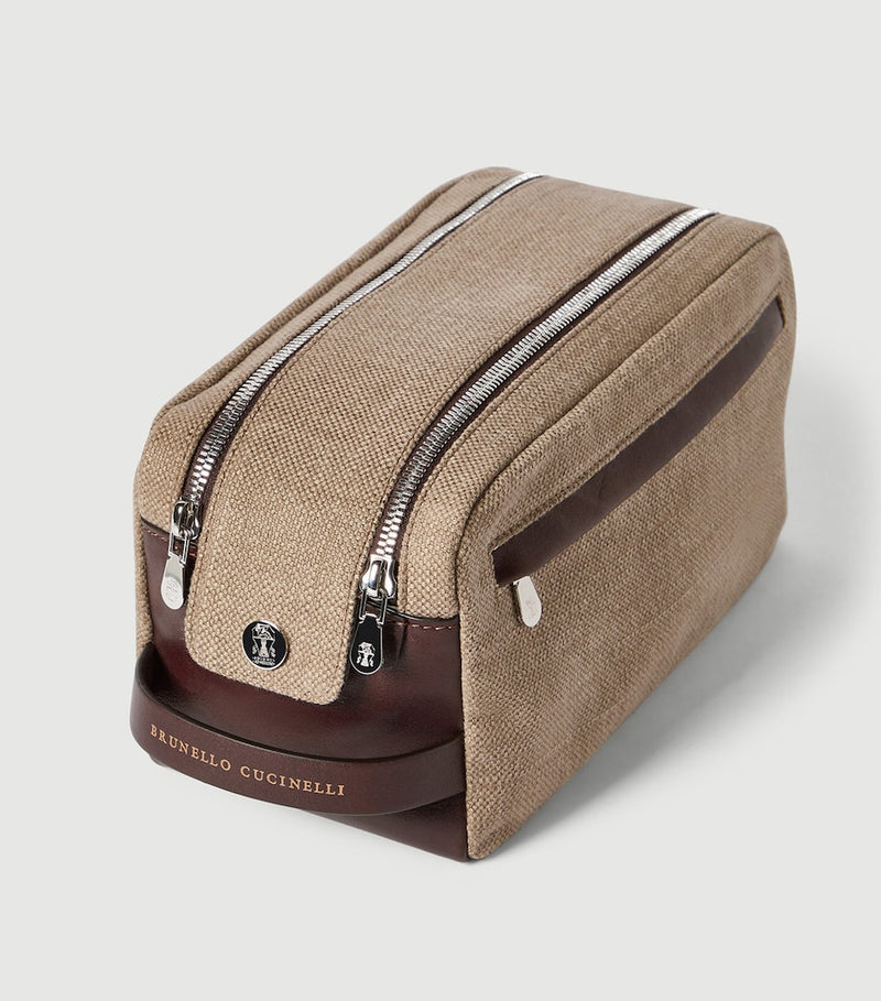 Brunello Cucinelli cotton-linen wash bag with leather trims (British brand)