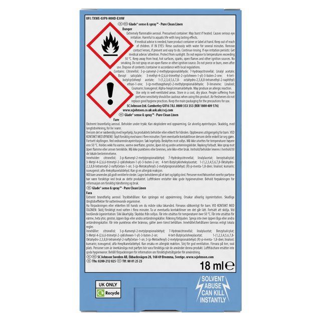 Glade Sense & Spray Holder & Refill Clean Linen Air Freshener   18ml