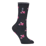 Heat Holders Ladies Ultra Lite Thermal Dress Socks 4-8 UK Charcoal Floral (Bellis)
