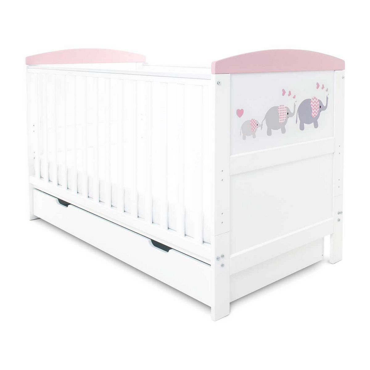 Ickle Bubba Coleby Style Cot Bed, Under Drawer and Sprung Mattress - Elephant Love Pink