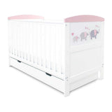 Ickle Bubba Coleby Style Cot Bed, Under Drawer and Sprung Mattress - Elephant Love Pink