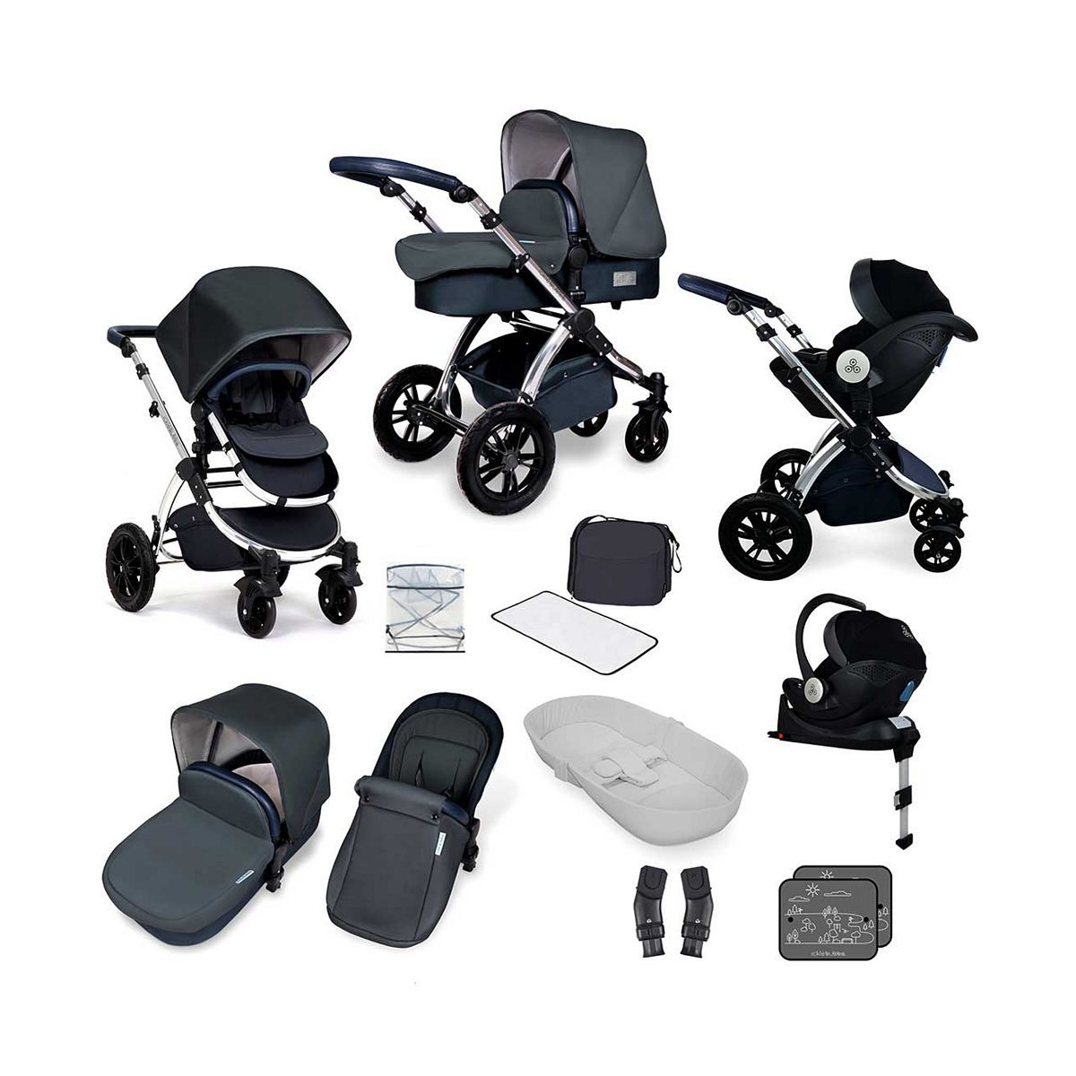 Ickle Bubba Stomp V4 i-size travel system with mercury car seat & isofix base chrome/blueberry