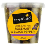 Sainsburys Unearthed Rosemary & Black Pepper Pitted Green and Black Olives 342g- Buy online at McGrocer