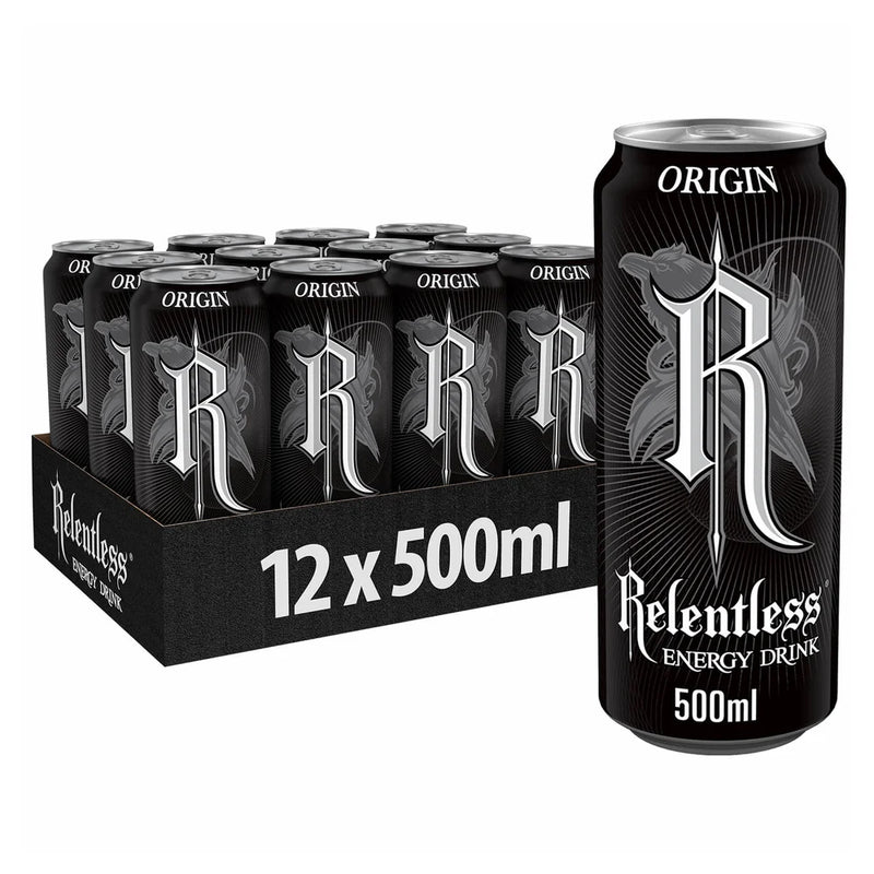 Relentless Origin Energy Drink 500ml pack, imported from the UK
