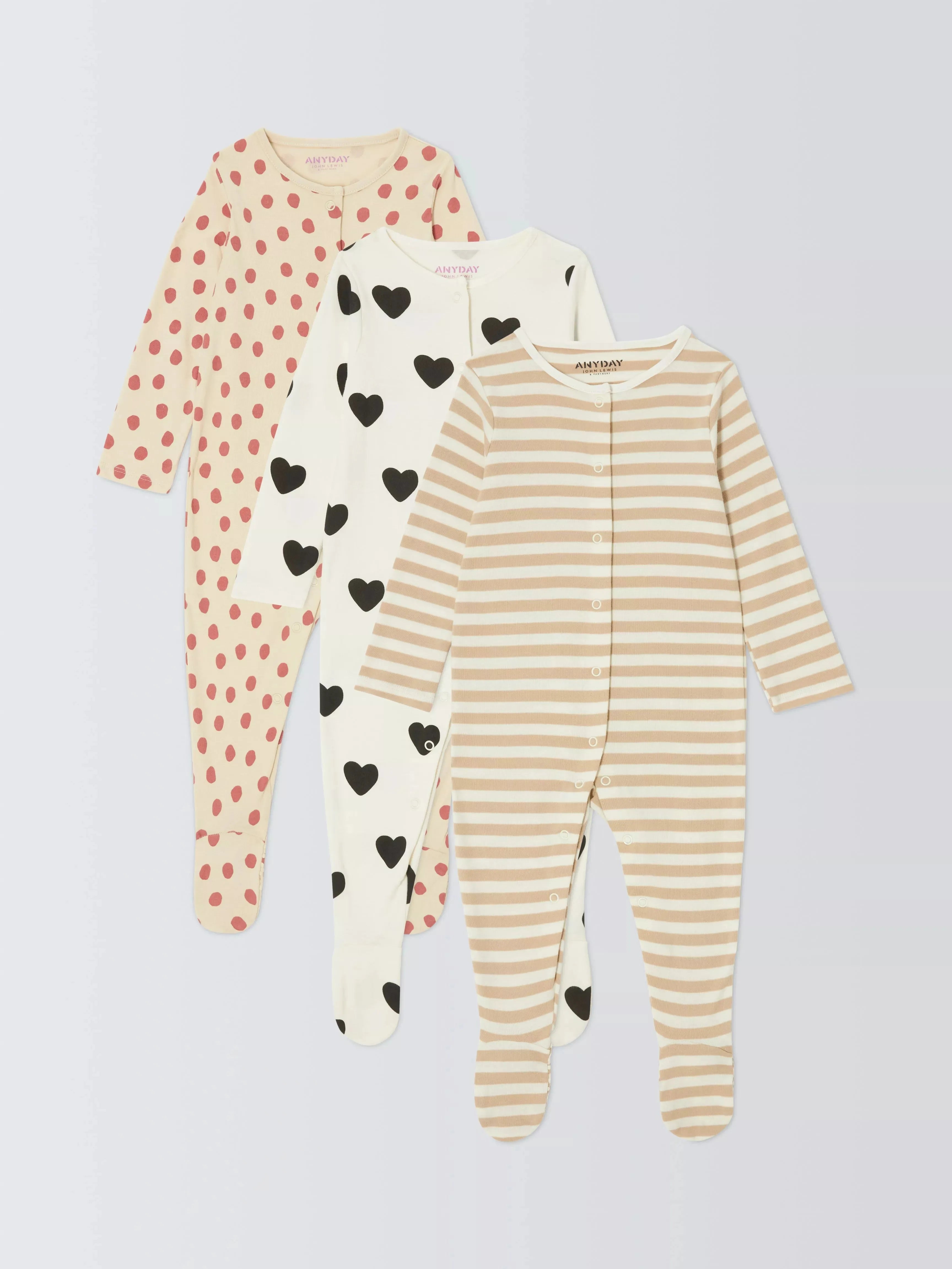 John Lewis ANYDAY Baby Heart, Spots and Stripes Sleepsuits, Pack of 3, Multi