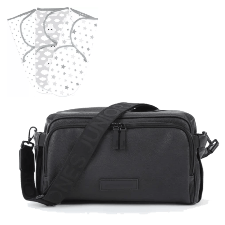Junior Jones changing bag black faux leather with swaddles, UK version