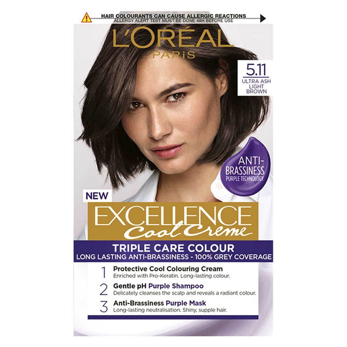 L’Oréal Paris Excellence Cool Crème Permanent Hair Dye, Long-lasting Anti-Brassiness Colour, 5.11 Ultra Ash Light Brown