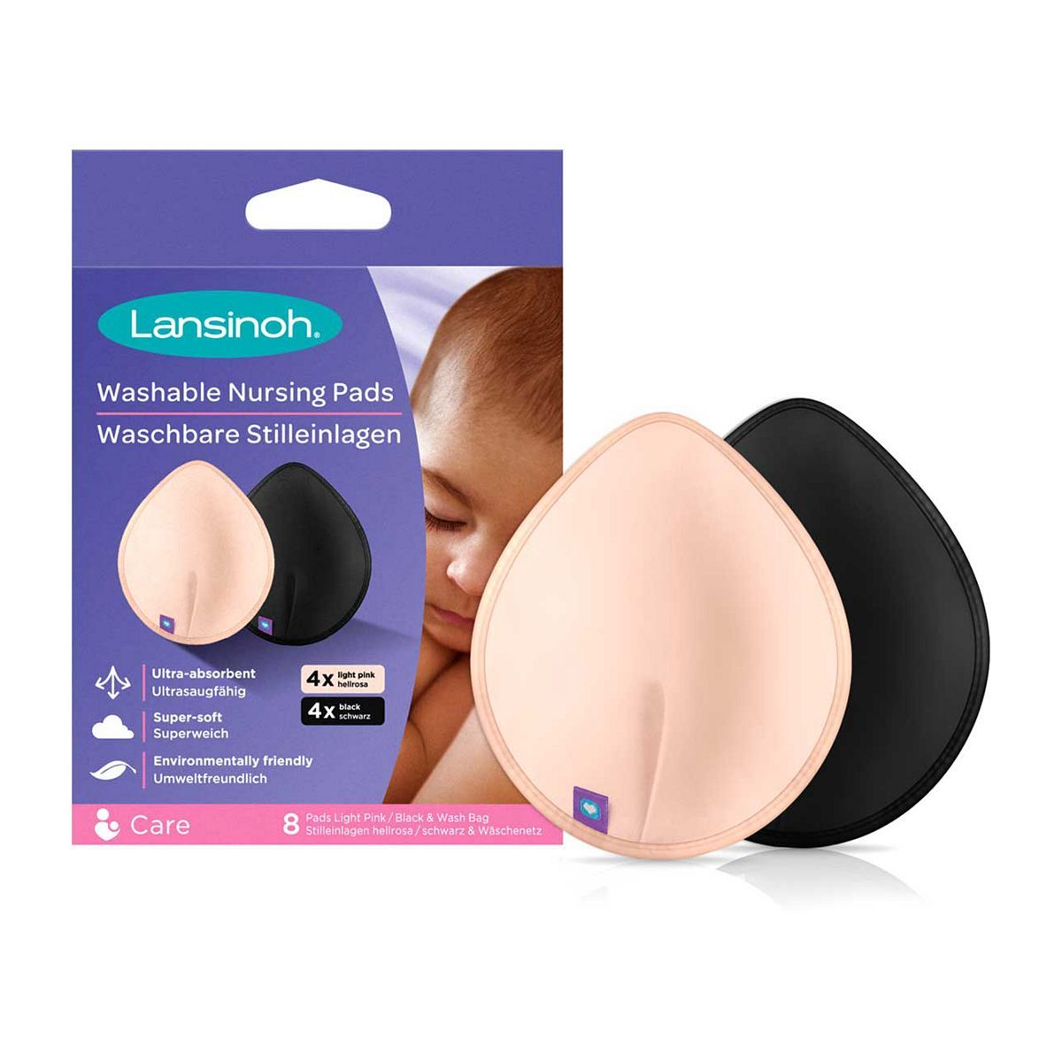 Lansinoh Washable Nursing Pads - Pack of 8, Pink & Black