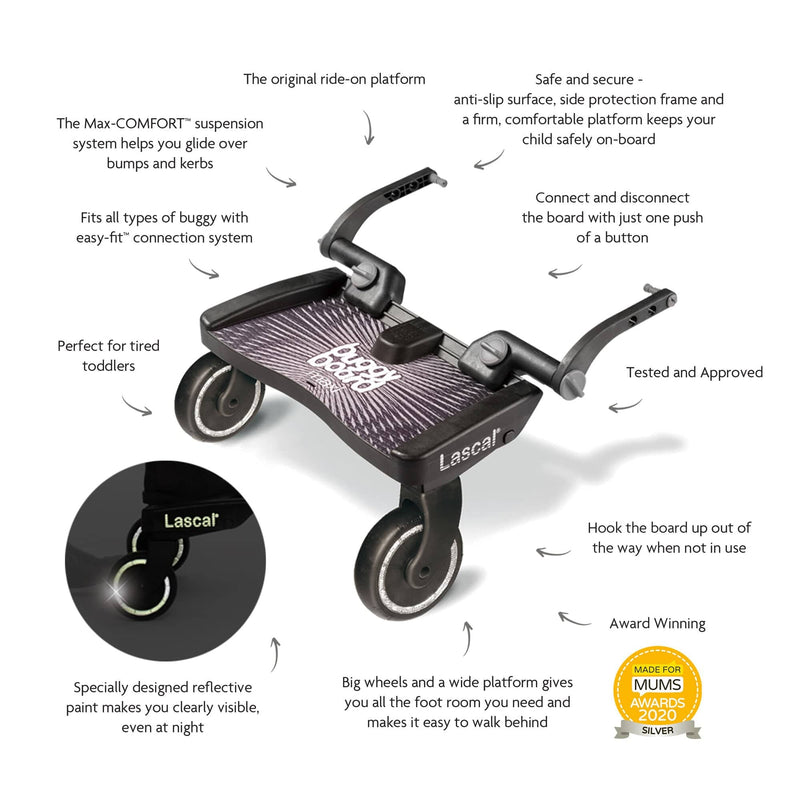 Lascal BuggyBoard Maxi pushchair board in black with grey fittings, UK version