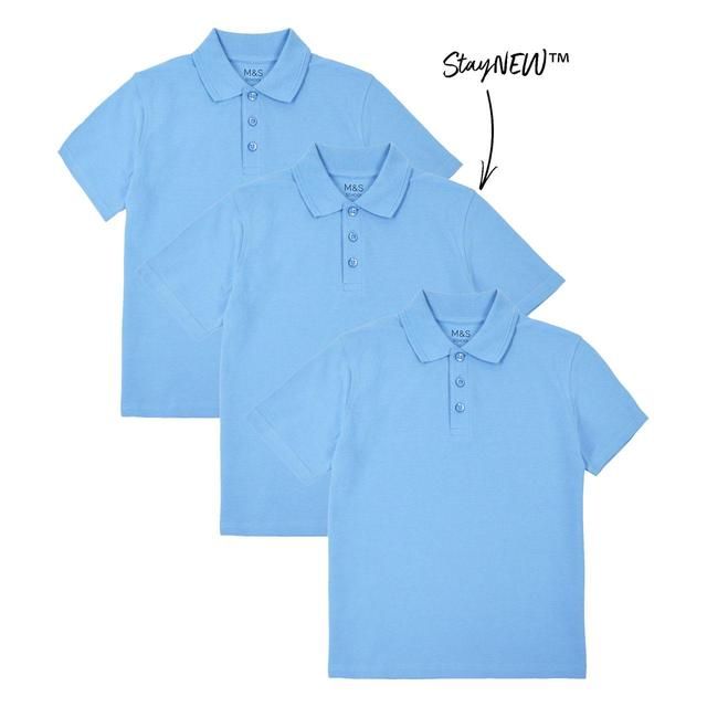 M&S 3pk Pure Cotton School Polo Shirts 3-12 Years Blue